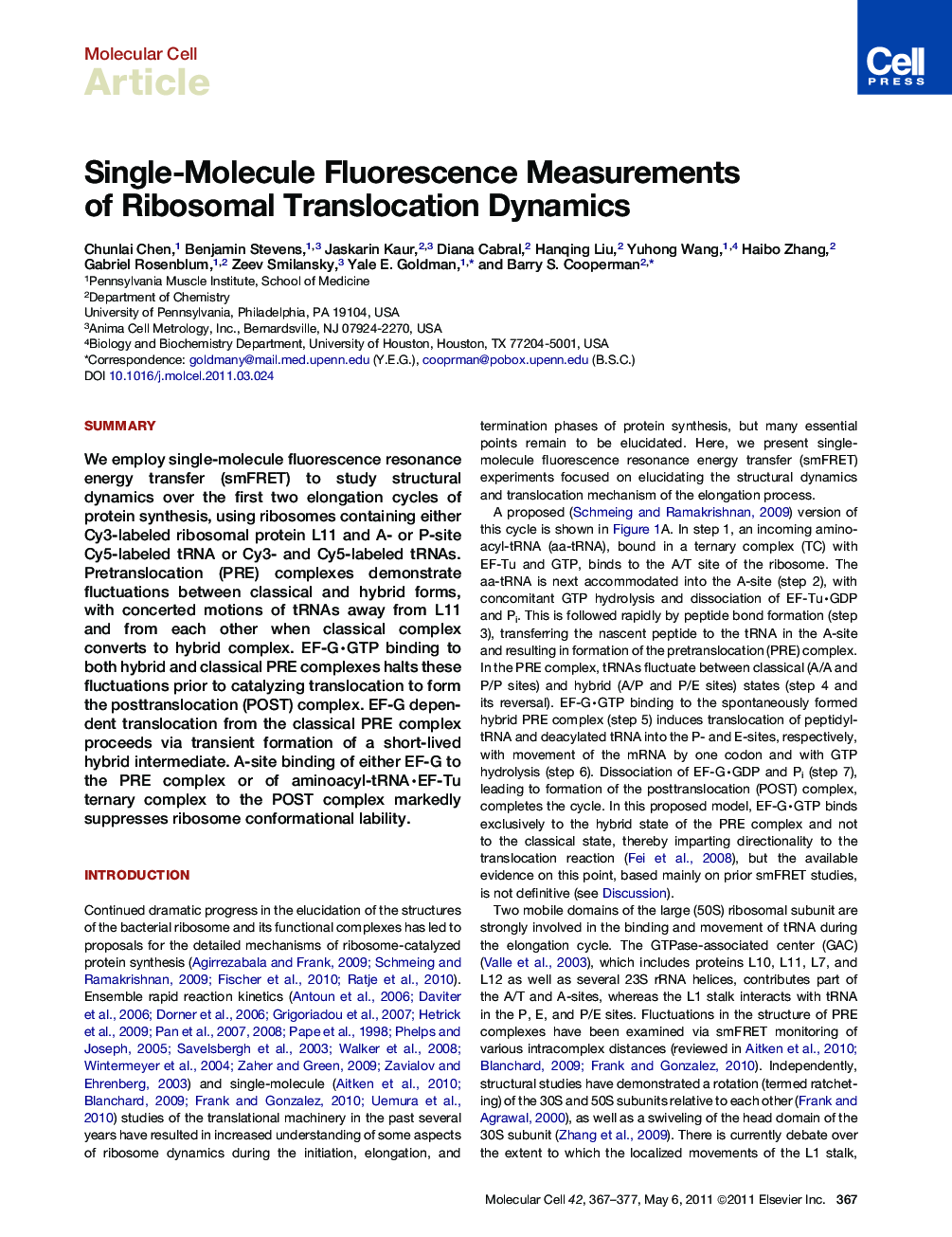 Single-Molecule Fluorescence Measurements of Ribosomal Translocation Dynamics