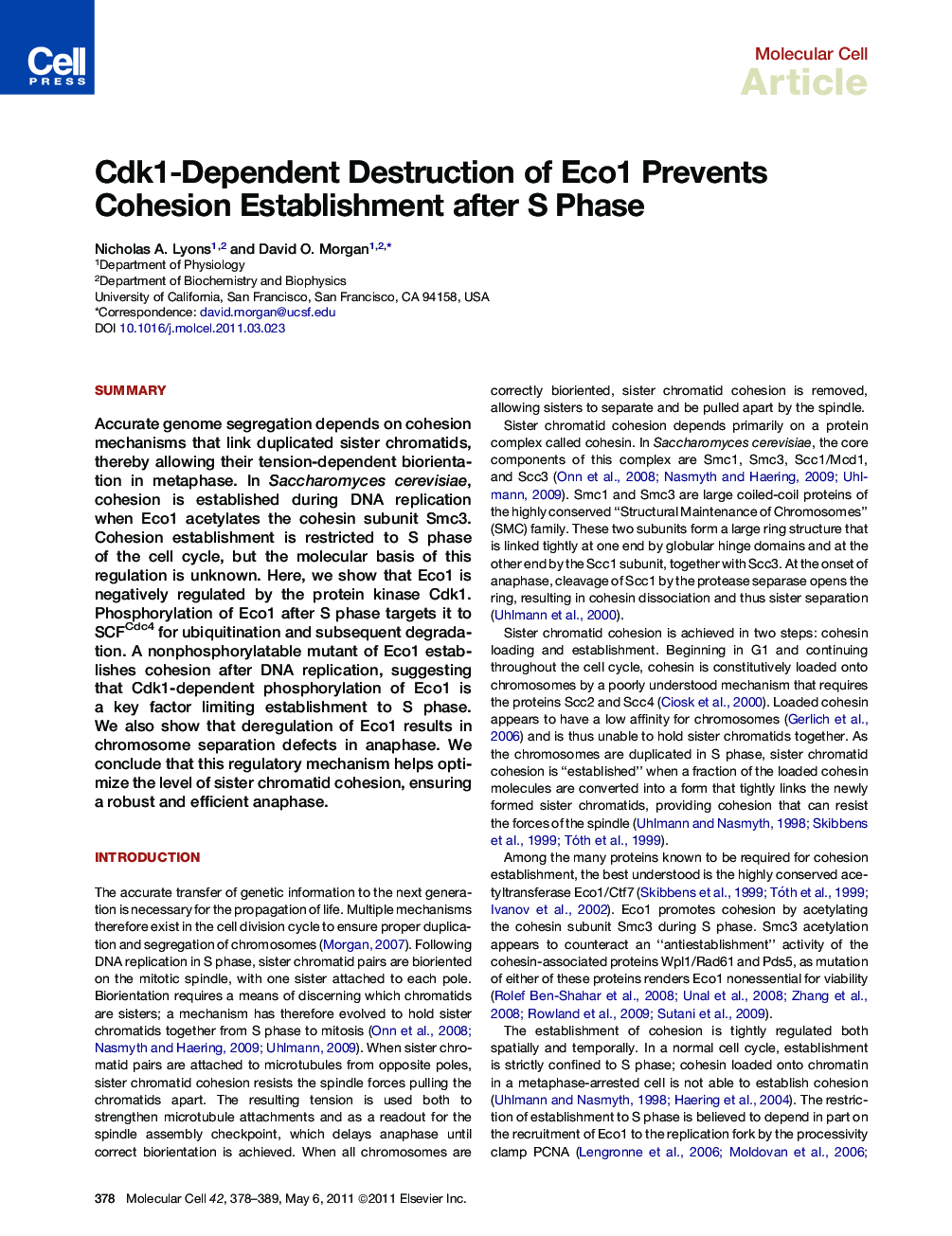 Cdk1-Dependent Destruction of Eco1 Prevents Cohesion Establishment after S Phase