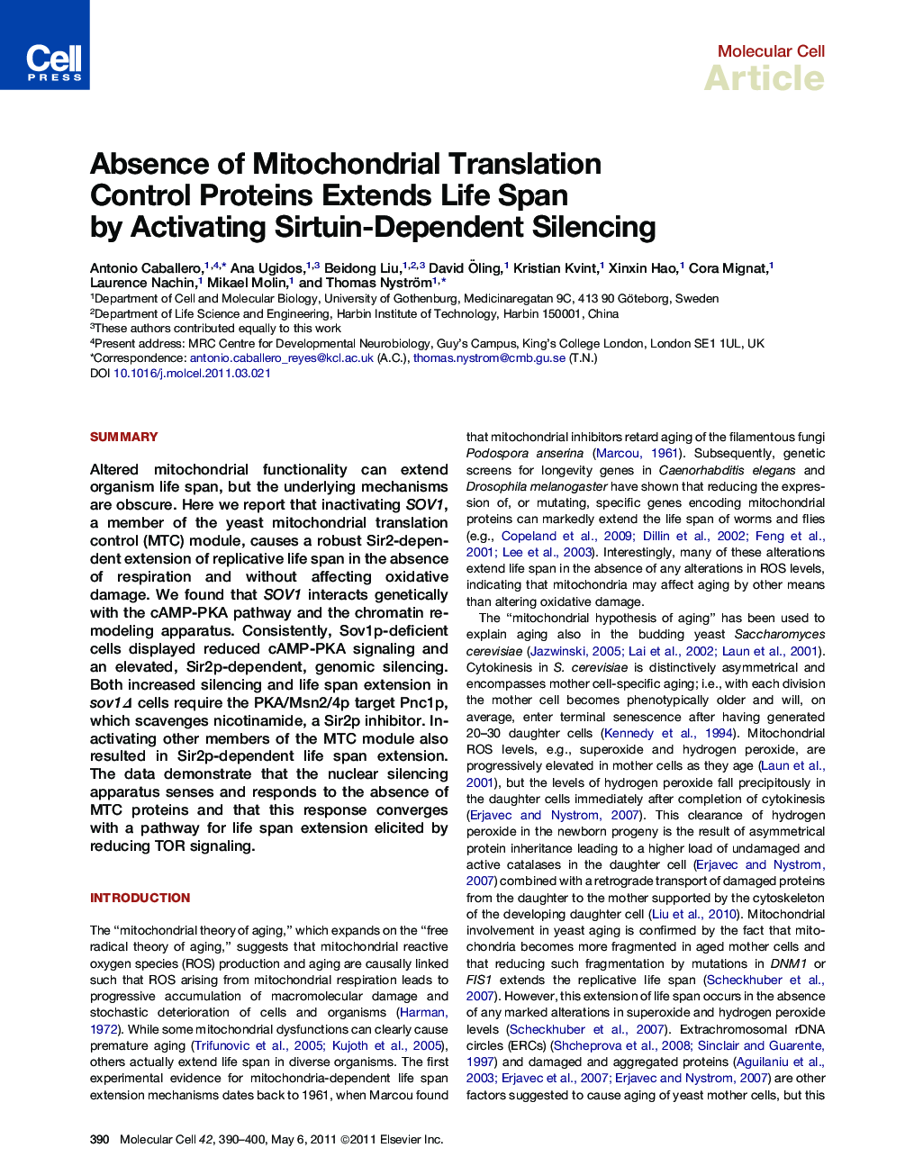 Absence of Mitochondrial Translation Control Proteins Extends Life Span by Activating Sirtuin-Dependent Silencing