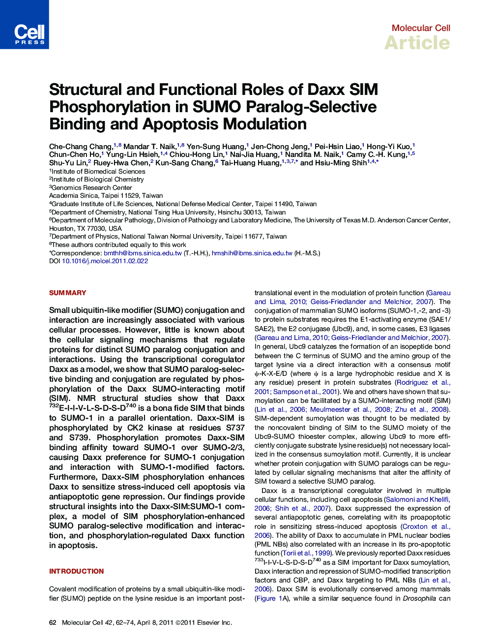 Structural and Functional Roles of Daxx SIM Phosphorylation in SUMO Paralog-Selective Binding and Apoptosis Modulation