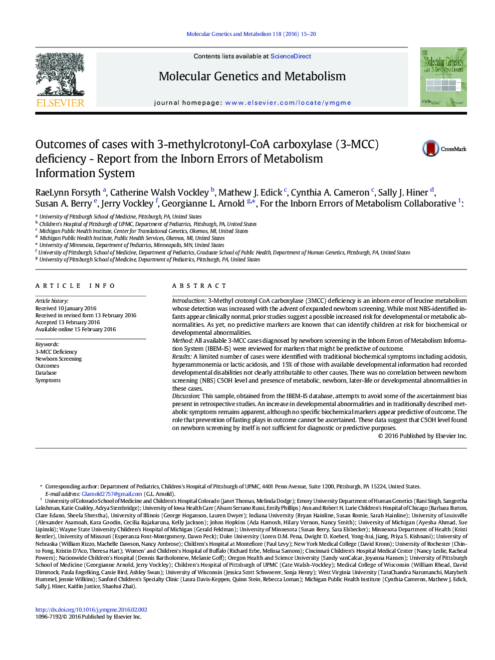 Outcomes of cases with 3-methylcrotonyl-CoA carboxylase (3-MCC) deficiency - Report from the Inborn Errors of Metabolism Information System