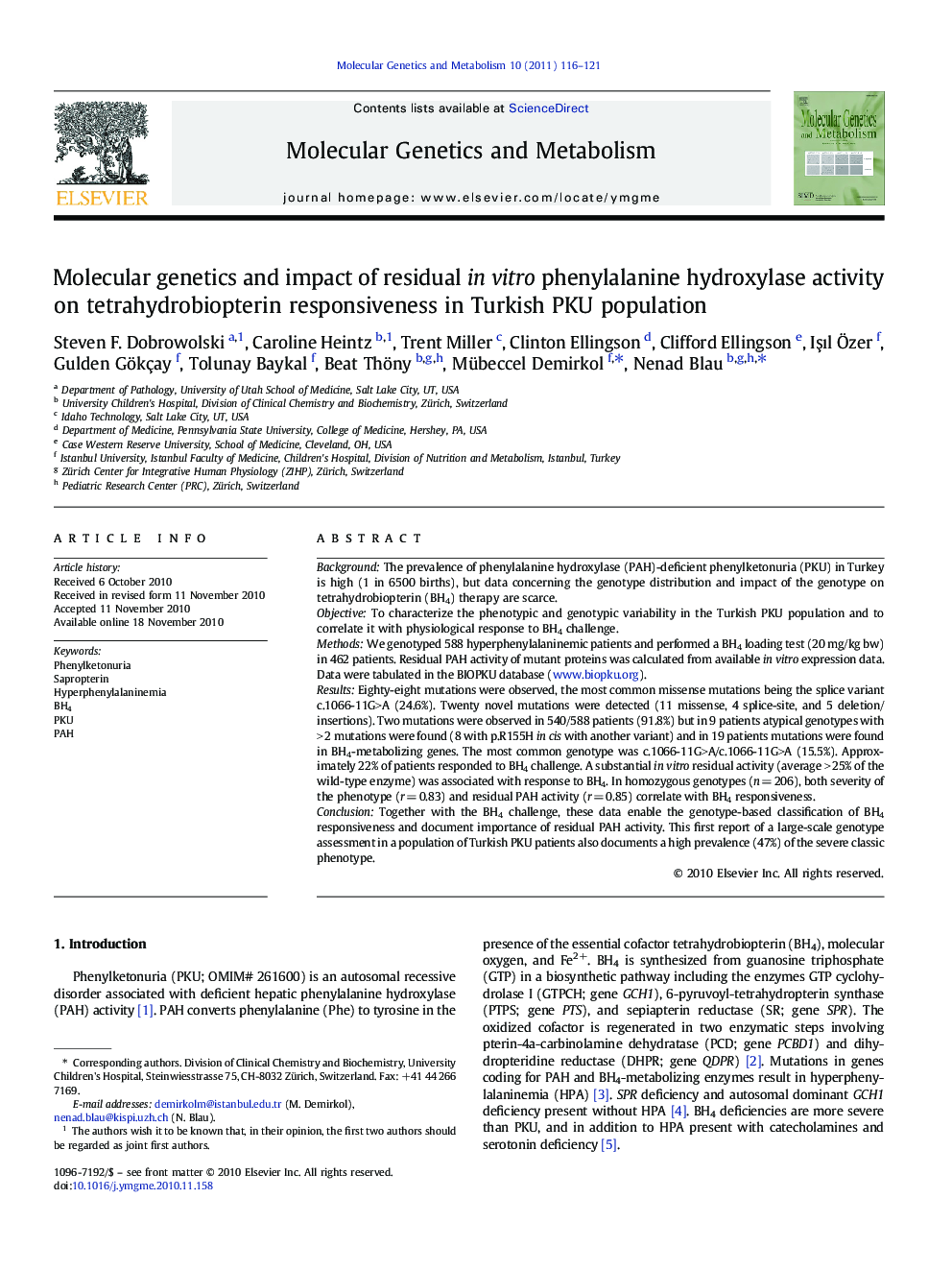 Molecular genetics and impact of residual in vitro phenylalanine hydroxylase activity on tetrahydrobiopterin responsiveness in Turkish PKU population
