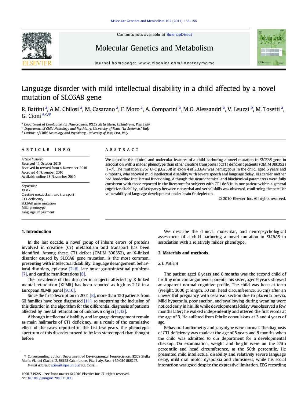 Language disorder with mild intellectual disability in a child affected by a novel mutation of SLC6A8 gene