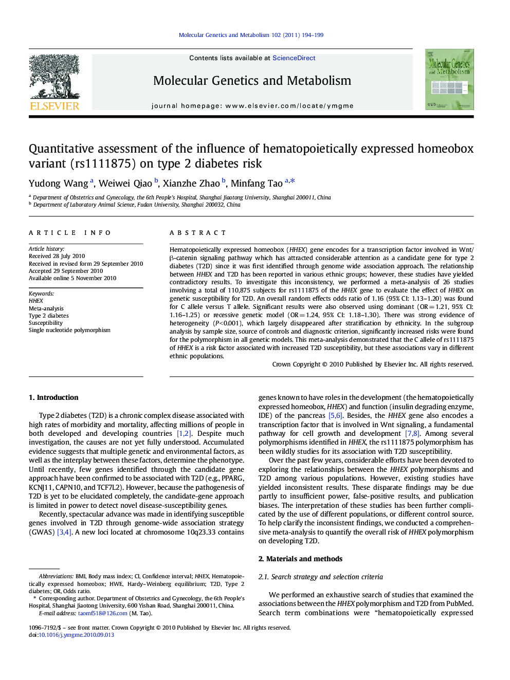 Quantitative assessment of the influence of hematopoietically expressed homeobox variant (rs1111875) on type 2 diabetes risk