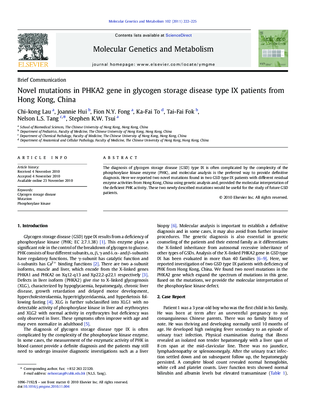 Novel mutations in PHKA2 gene in glycogen storage disease type IX patients from Hong Kong, China