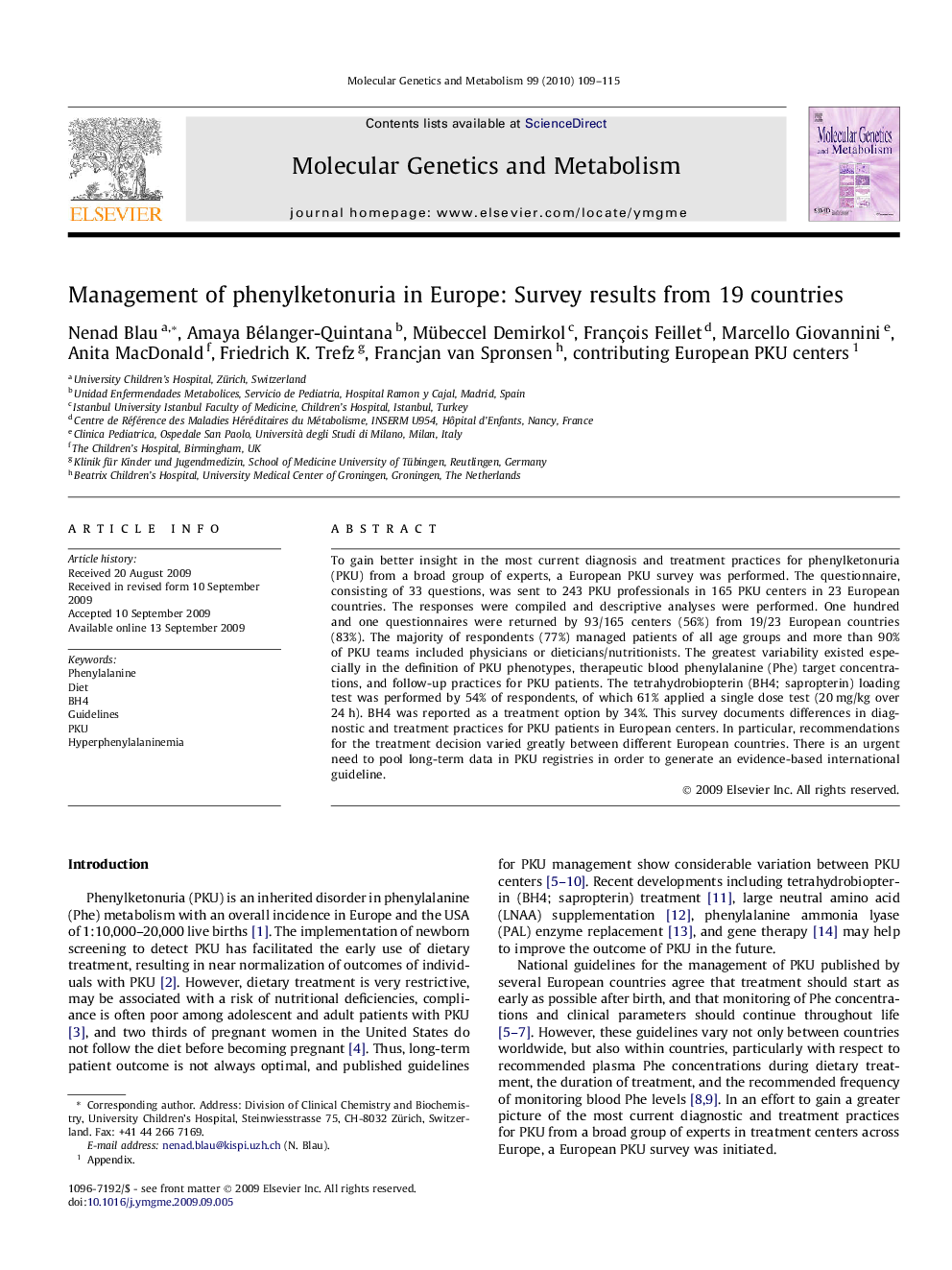 Management of phenylketonuria in Europe: Survey results from 19 countries