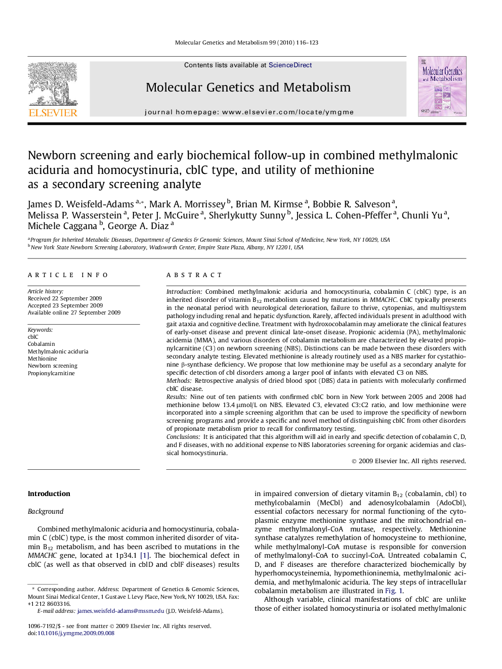 Newborn screening and early biochemical follow-up in combined methylmalonic aciduria and homocystinuria, cblC type, and utility of methionine as a secondary screening analyte