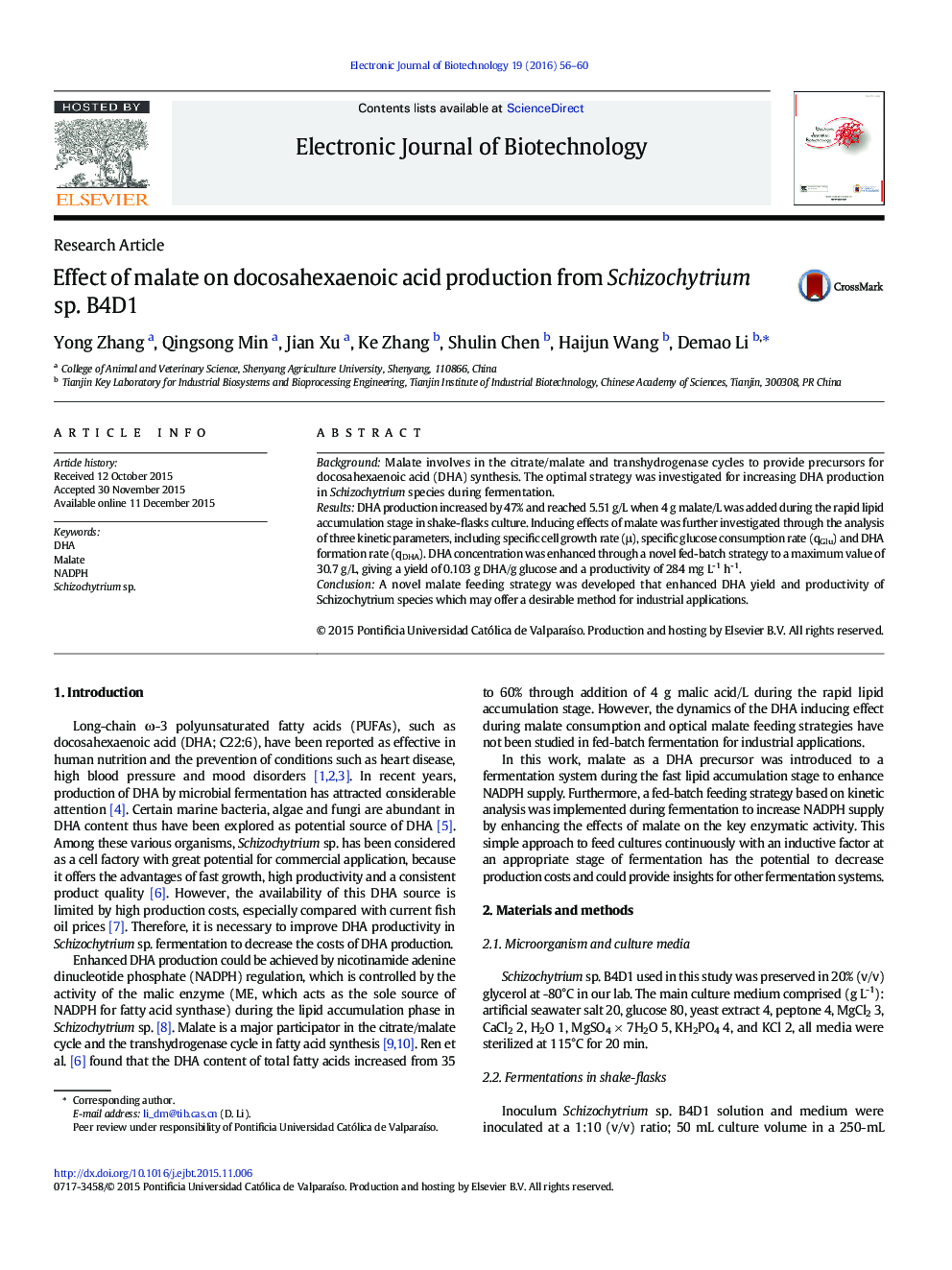 Effect of malate on docosahexaenoic acid production from Schizochytrium sp. B4D1 