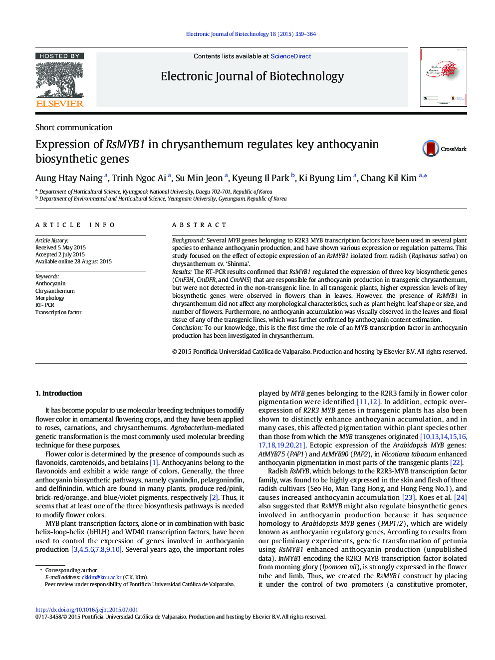 Expression of RsMYB1 in chrysanthemum regulates key anthocyanin biosynthetic genes 