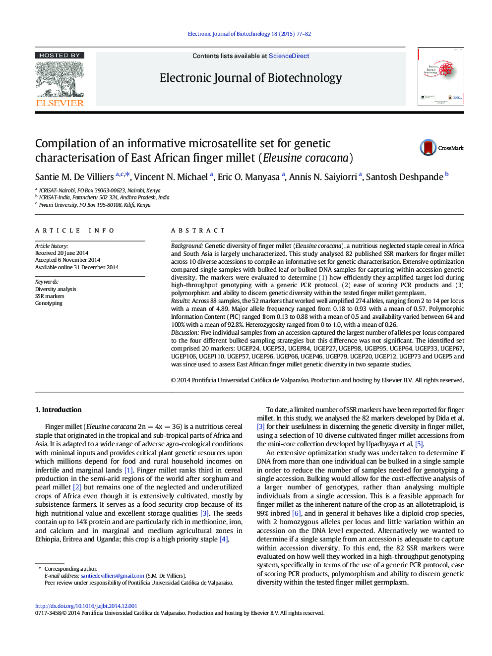 Compilation of an informative microsatellite set for genetic characterisation of East African finger millet (Eleusine coracana) 