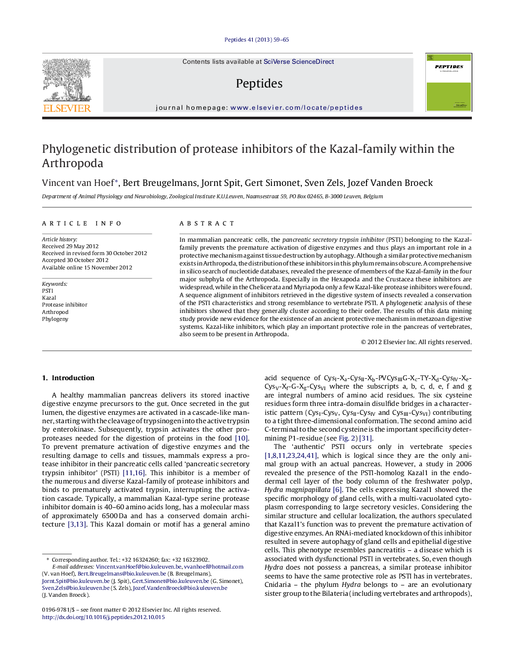 Phylogenetic distribution of protease inhibitors of the Kazal-family within the Arthropoda