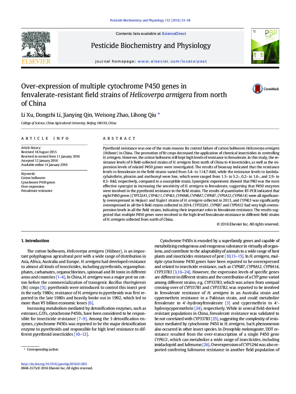 بیش بیان ژن سیتوکروم P450 متعدد در سویه های درست مقاوم در برابر fenvalerate از Helicoverpa armigera از شمال چین