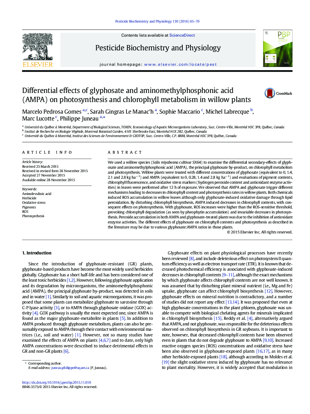 اثر متفاوت گلیفوسیت و aminomethylphosphonic اسید (AMPA) بر فتوسنتز و متابولیسم کلروفیل در گیاهان willow