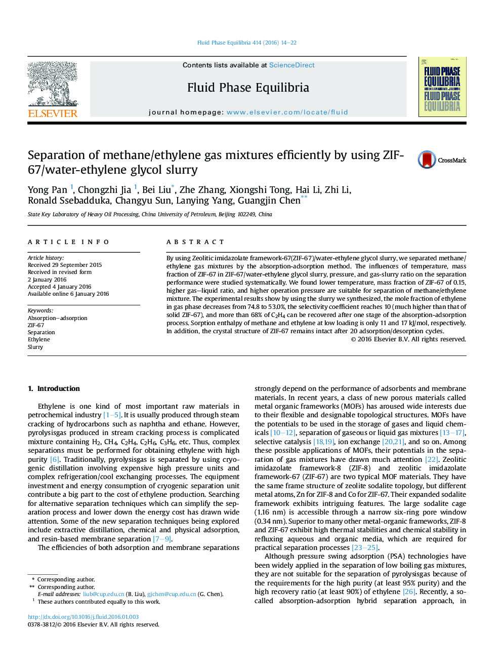 Separation of methane/ethylene gas mixtures efficiently by using ZIF-67/water-ethylene glycol slurry