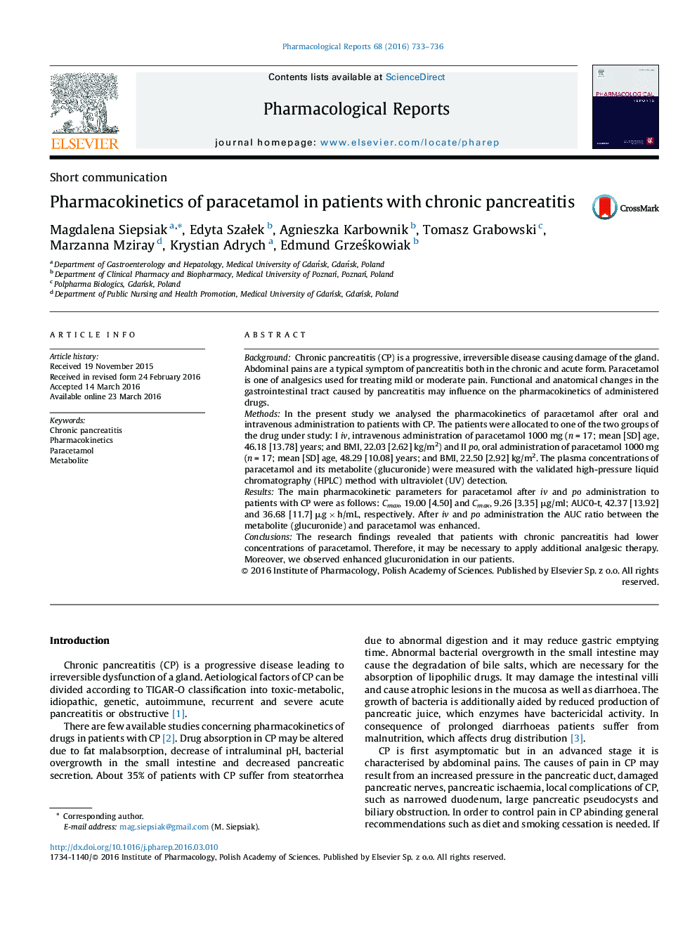 فارماکوکینتیک پاراستامول در بیماران مبتلا به پانکراتیت مزمن