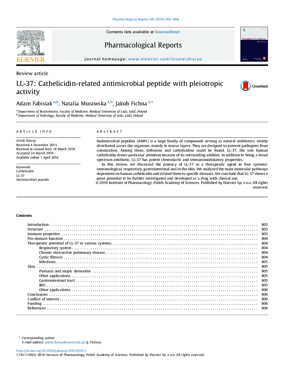 LL-37: Cathelicidin-related antimicrobial peptide with pleiotropic activity