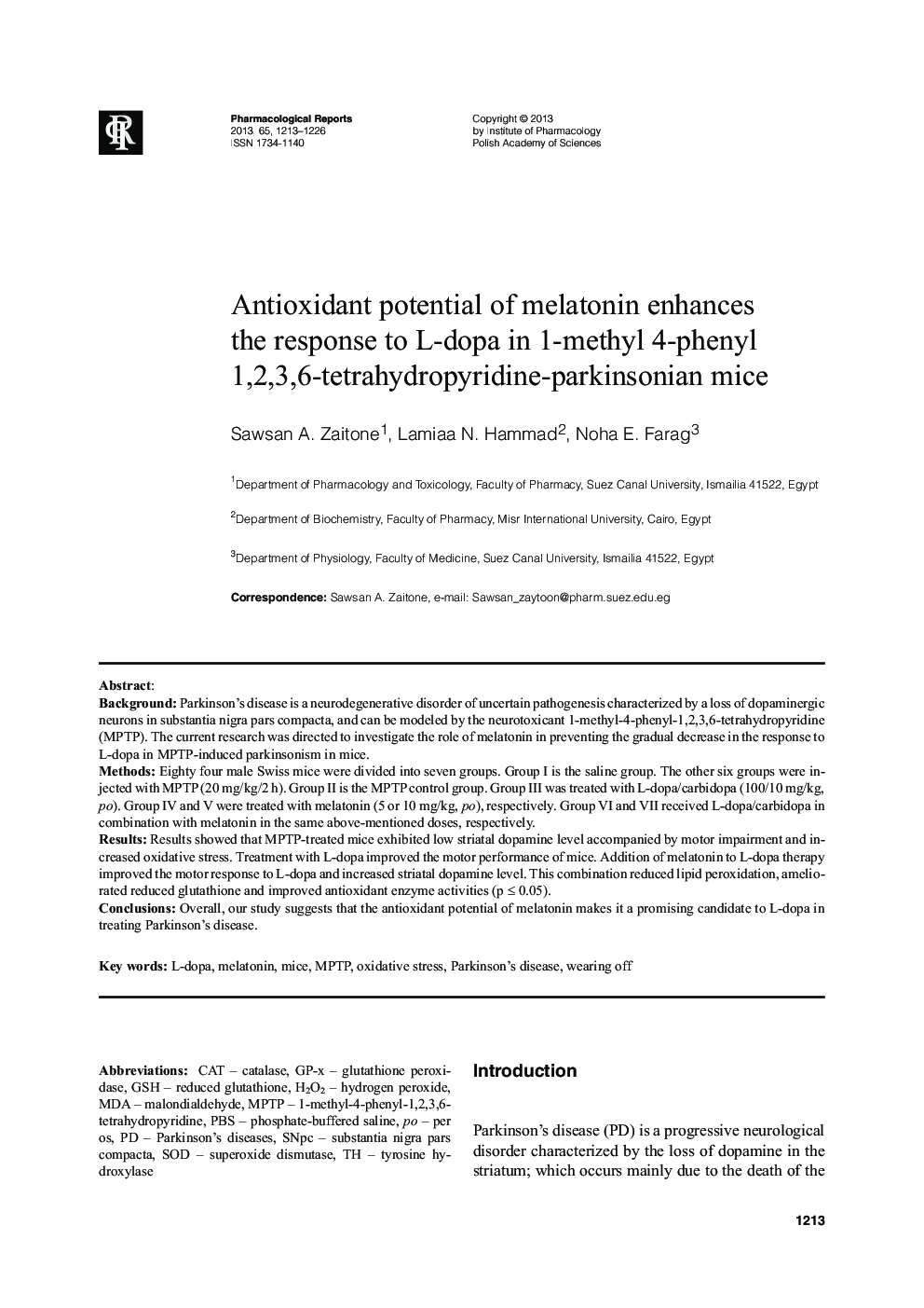 Antioxidant potential of melatonin enhances the response to L-dopa in 1-methyl 4-phenyl 1,2,3,6-tetrahydropyridine-parkinsonian mice