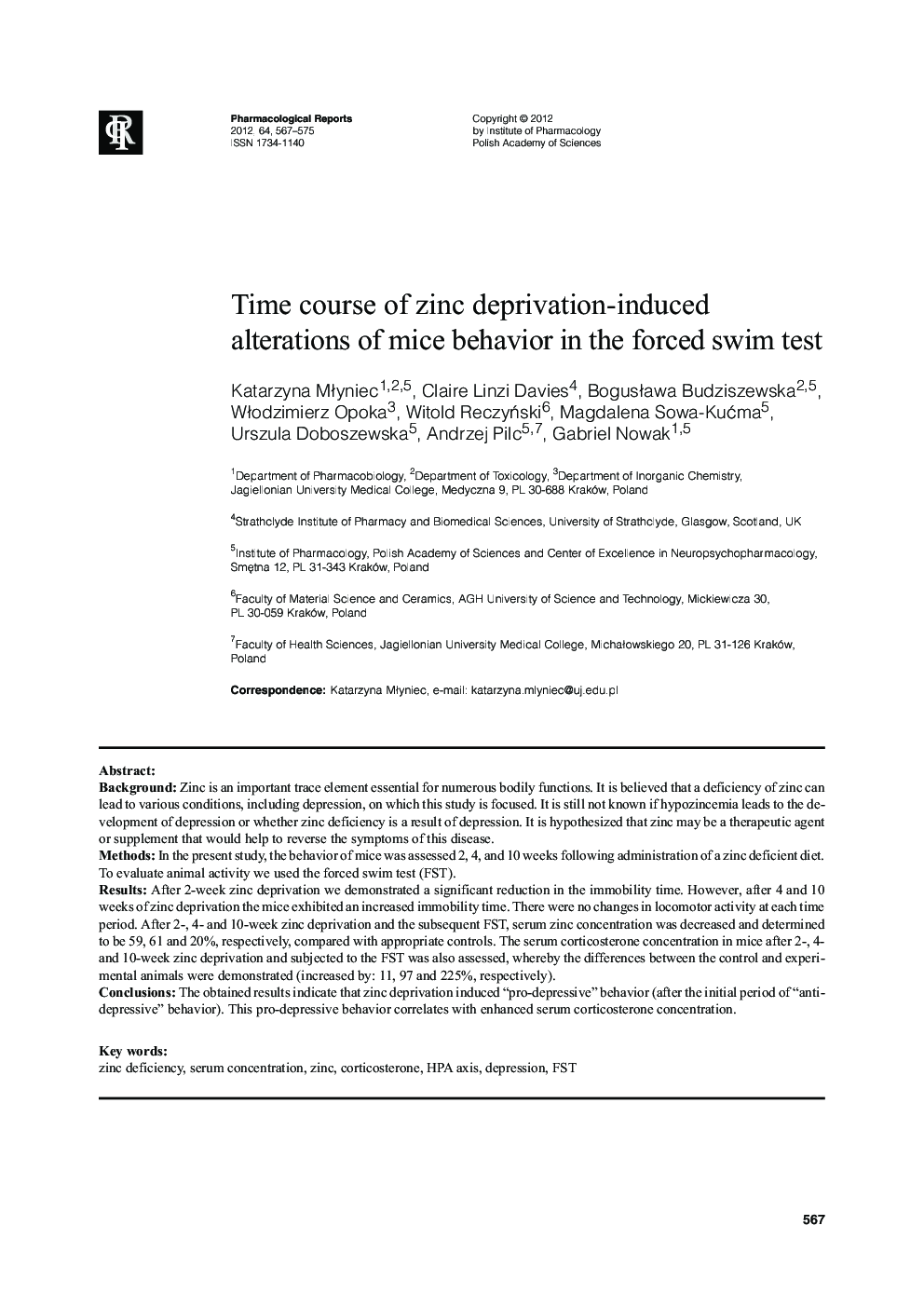 Time course of zinc deprivation-induced alterations of mice behavior in the forced swim test