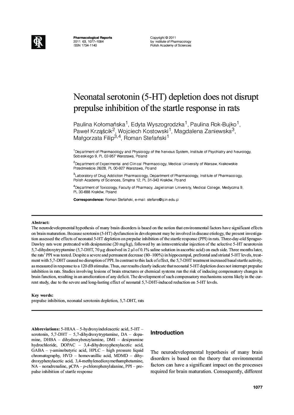 Neonatal serotonin (5-HT) depletion does not disrupt prepulse inhibition of the startle response in rats