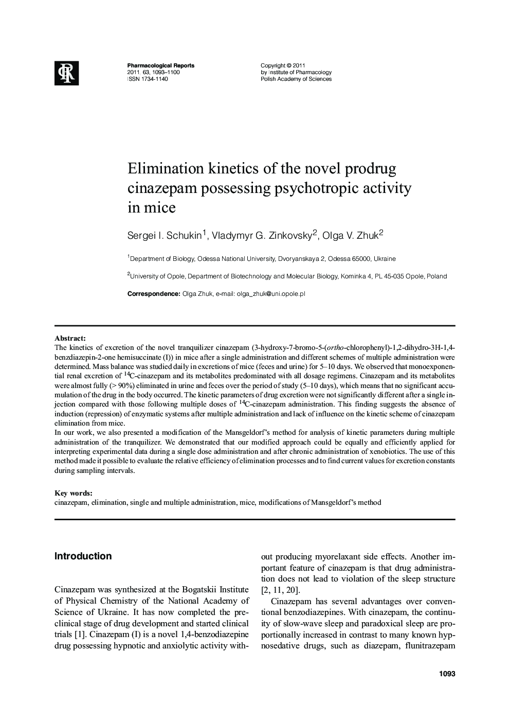 Elimination kinetics of the novel prodrug cinazepam possessing psychotropic activity in mice