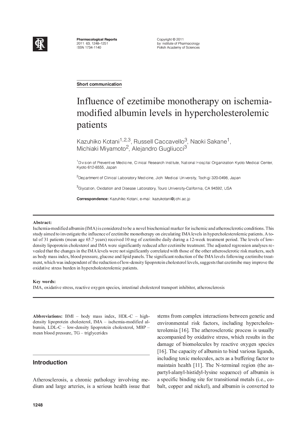 Influence of ezetimibe monotherapy on ischemia-modified albumin levels in hypercholesterolemic patients