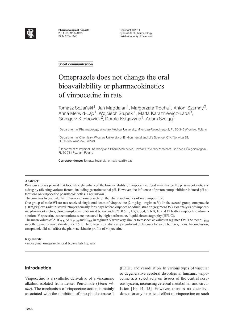 Omeprazole does not change the oral bioavailability or pharmacokinetics of vinpocetine in rats