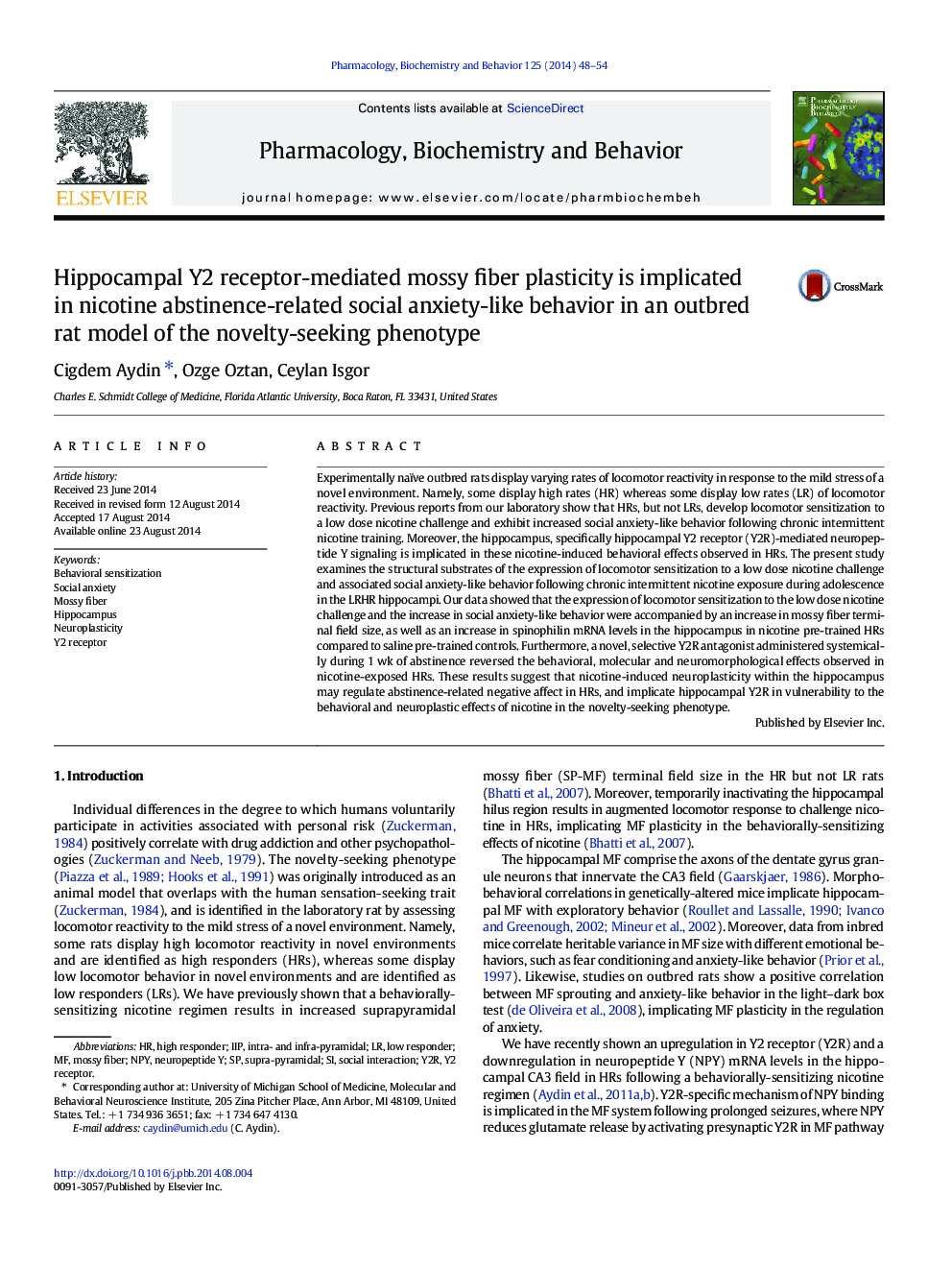 Hippocampal Y2 receptor-mediated mossy fiber plasticity is implicated in nicotine abstinence-related social anxiety-like behavior in an outbred rat model of the novelty-seeking phenotype