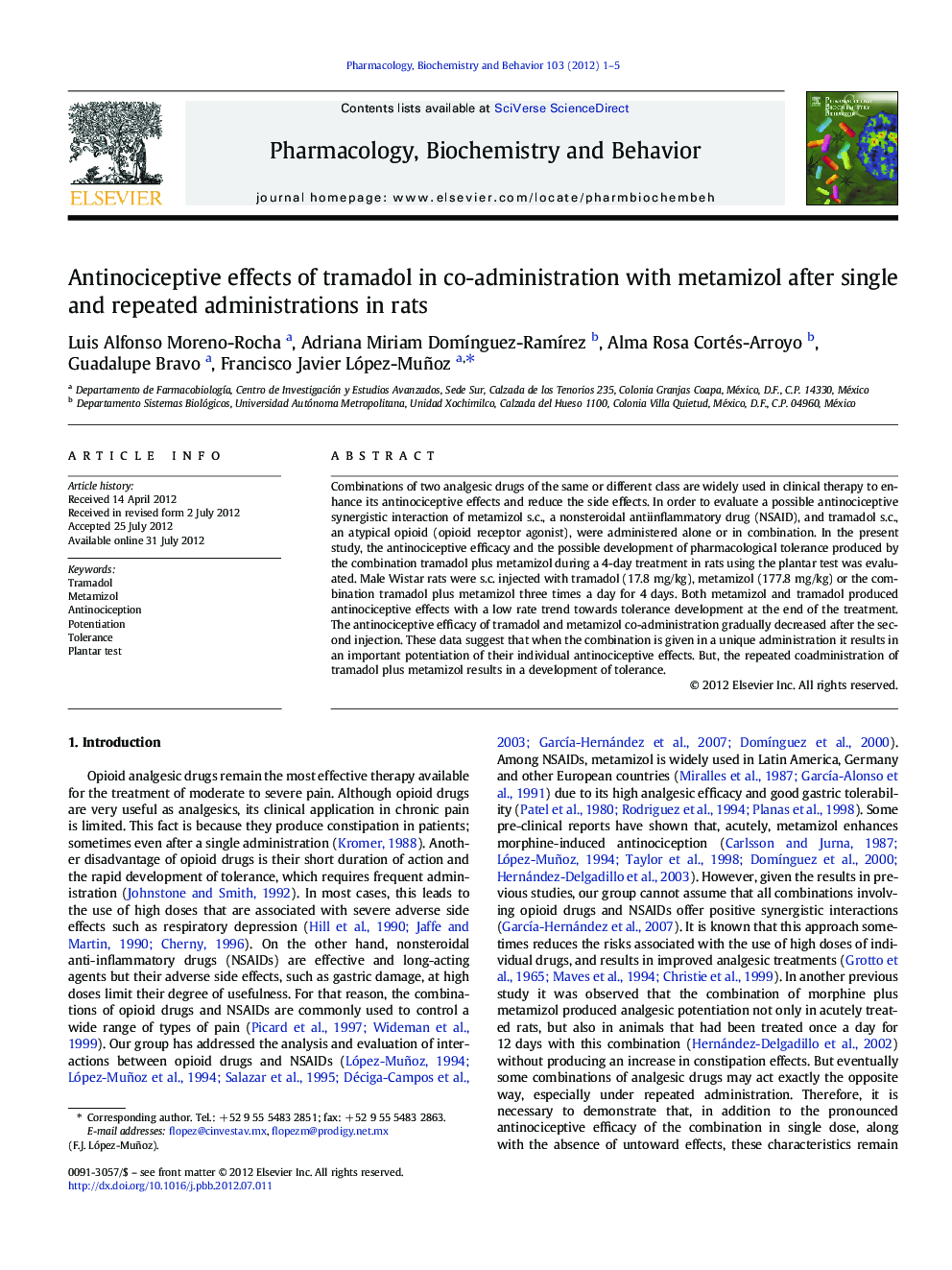 Antinociceptive effects of tramadol in co-administration with metamizol after single and repeated administrations in rats