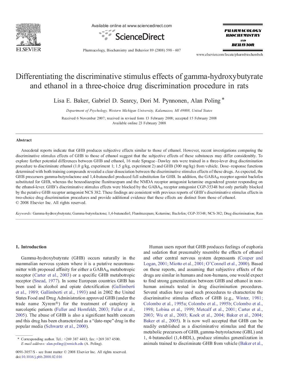 Differentiating the discriminative stimulus effects of gamma-hydroxybutyrate and ethanol in a three-choice drug discrimination procedure in rats