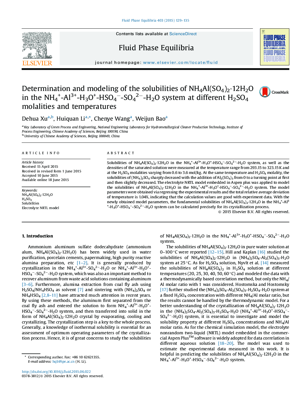 Determination and modeling of the solubilities of NH4Al(SO4)2·12H2O in the NH4+-Al3+-H3O+-HSO4−-SO42−-H2O system at different H2SO4 molalities and temperatures