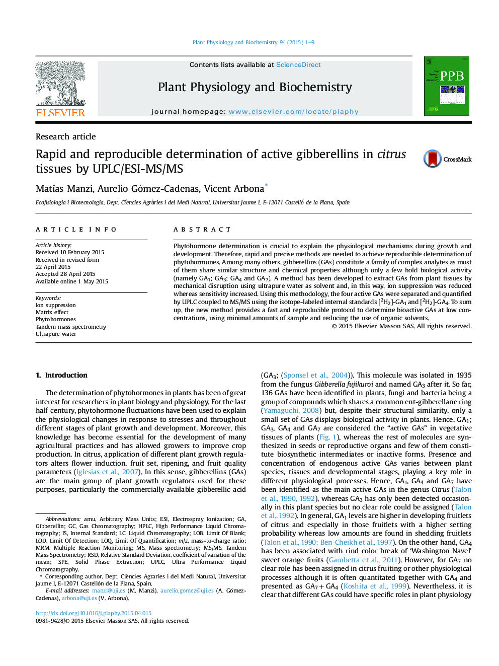 Rapid and reproducible determination of active gibberellins in citrus tissues by UPLC/ESI-MS/MS