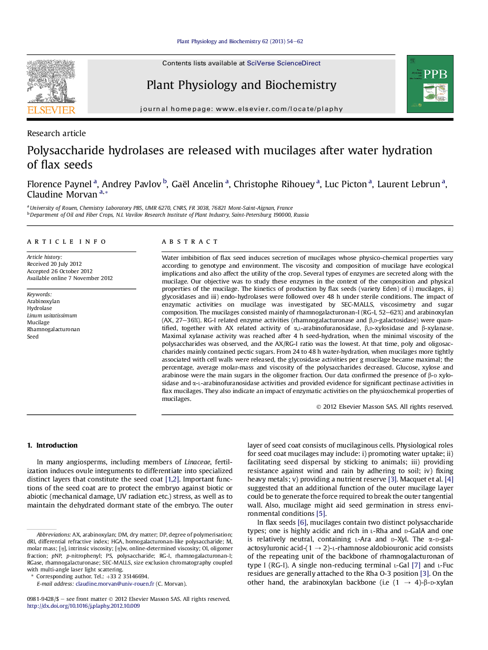 Polysaccharide hydrolases are released with mucilages after water hydration of flax seeds