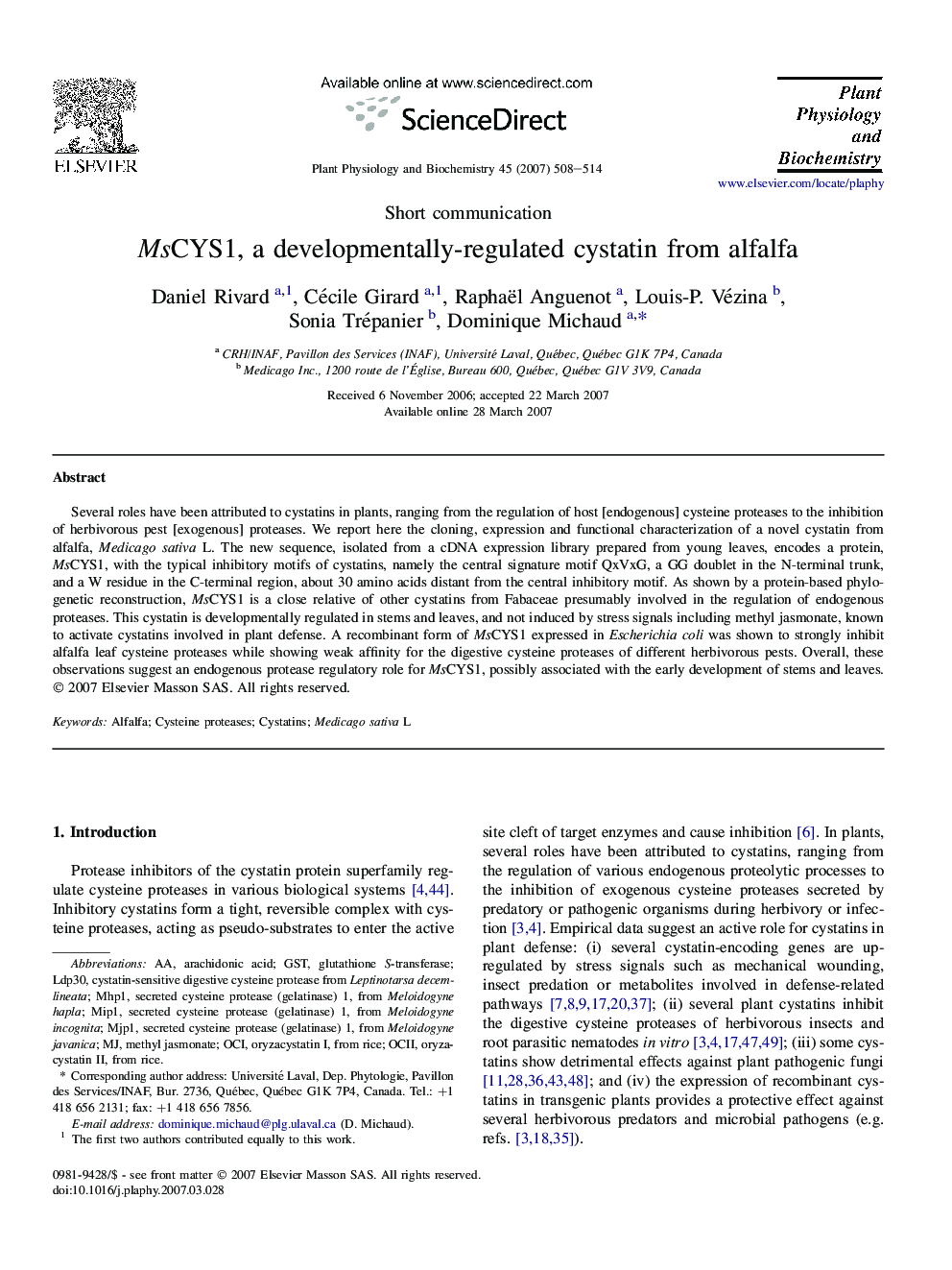 MsCYS1, a developmentally-regulated cystatin from alfalfa