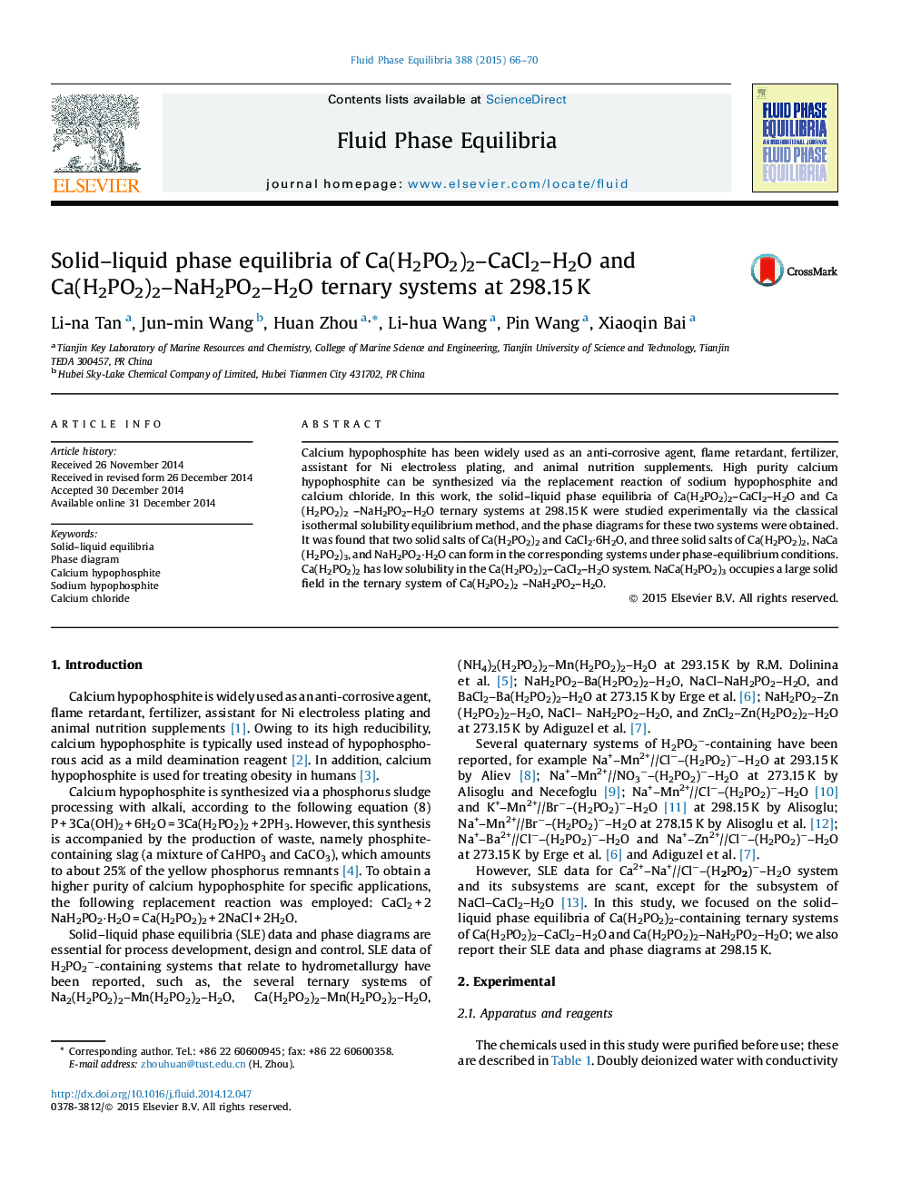 Solid–liquid phase equilibria of Ca(H2PO2)2–CaCl2–H2O and Ca(H2PO2)2–NaH2PO2–H2O ternary systems at 298.15 K