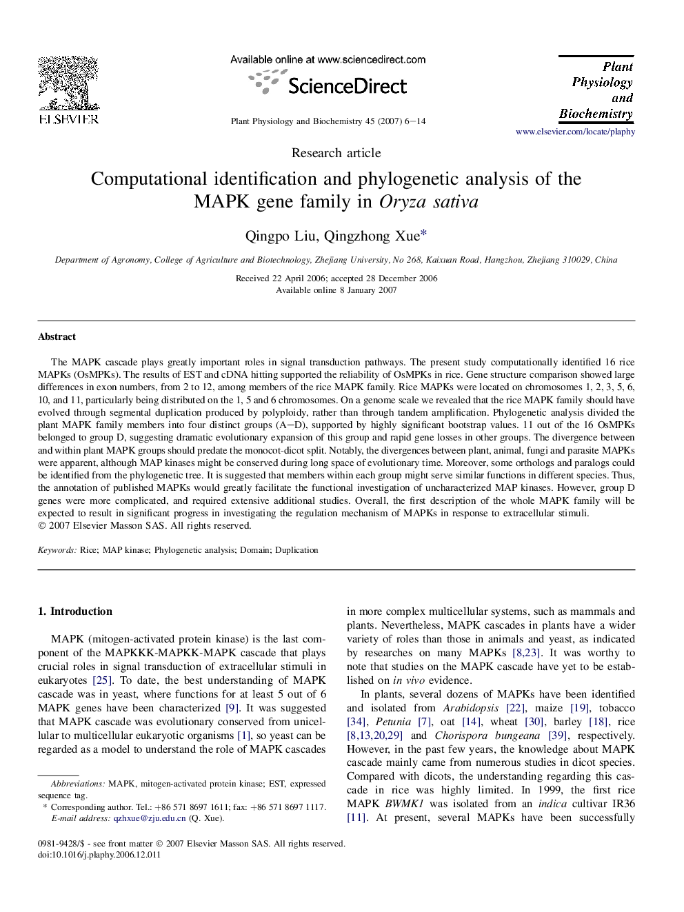 Computational identification and phylogenetic analysis of the MAPK gene family in Oryza sativa