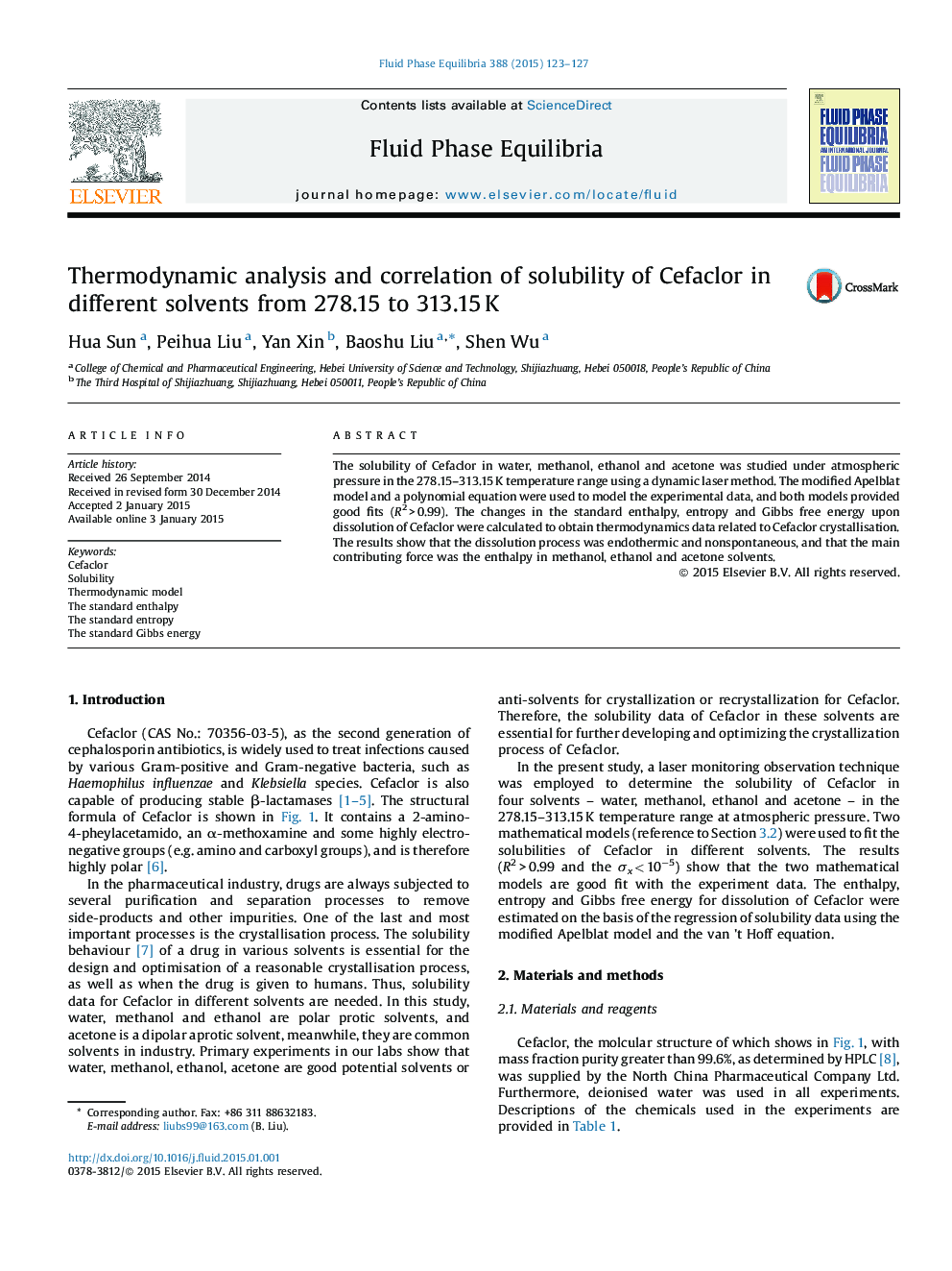Thermodynamic analysis and correlation of solubility of Cefaclor in different solvents from 278.15 to 313.15 K
