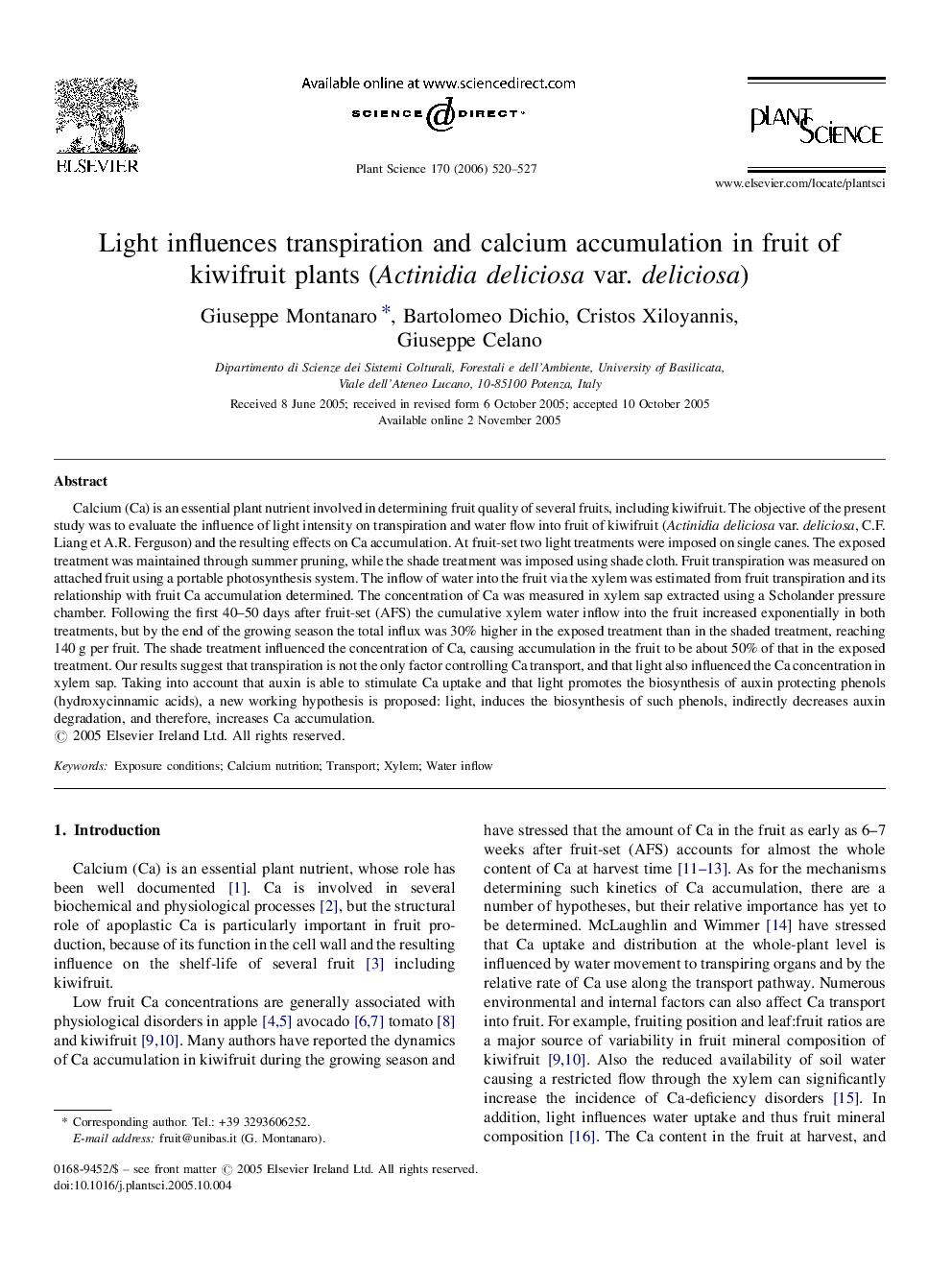 Light influences transpiration and calcium accumulation in fruit of kiwifruit plants (Actinidia deliciosa var. deliciosa)