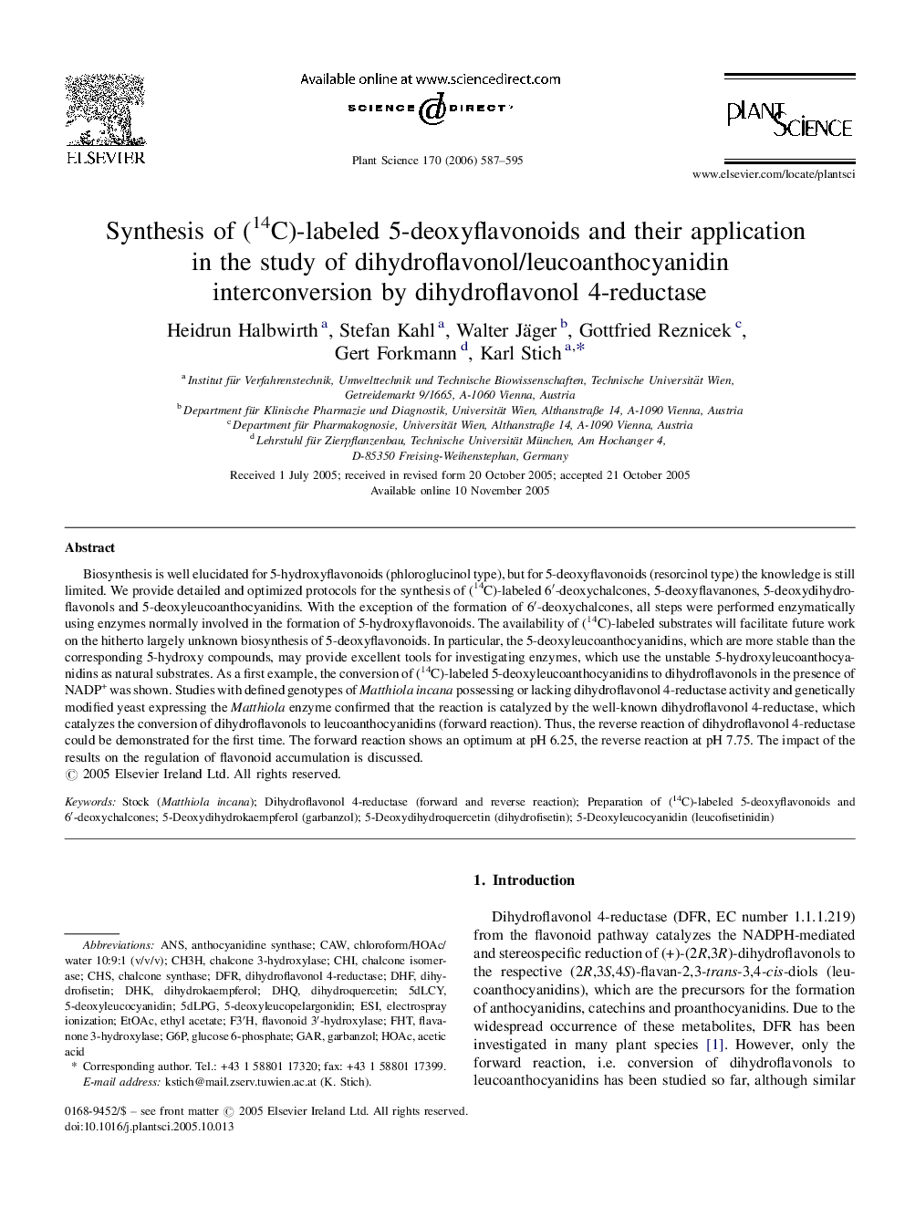 Synthesis of (14C)-labeled 5-deoxyflavonoids and their application in the study of dihydroflavonol/leucoanthocyanidin interconversion by dihydroflavonol 4-reductase