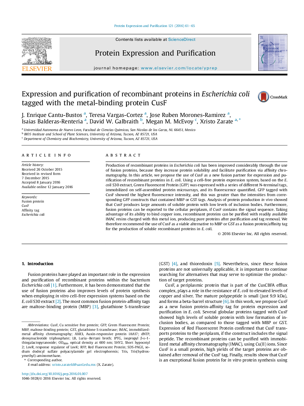 Expression and purification of recombinant proteins in Escherichia coli tagged with the metal-binding protein CusF