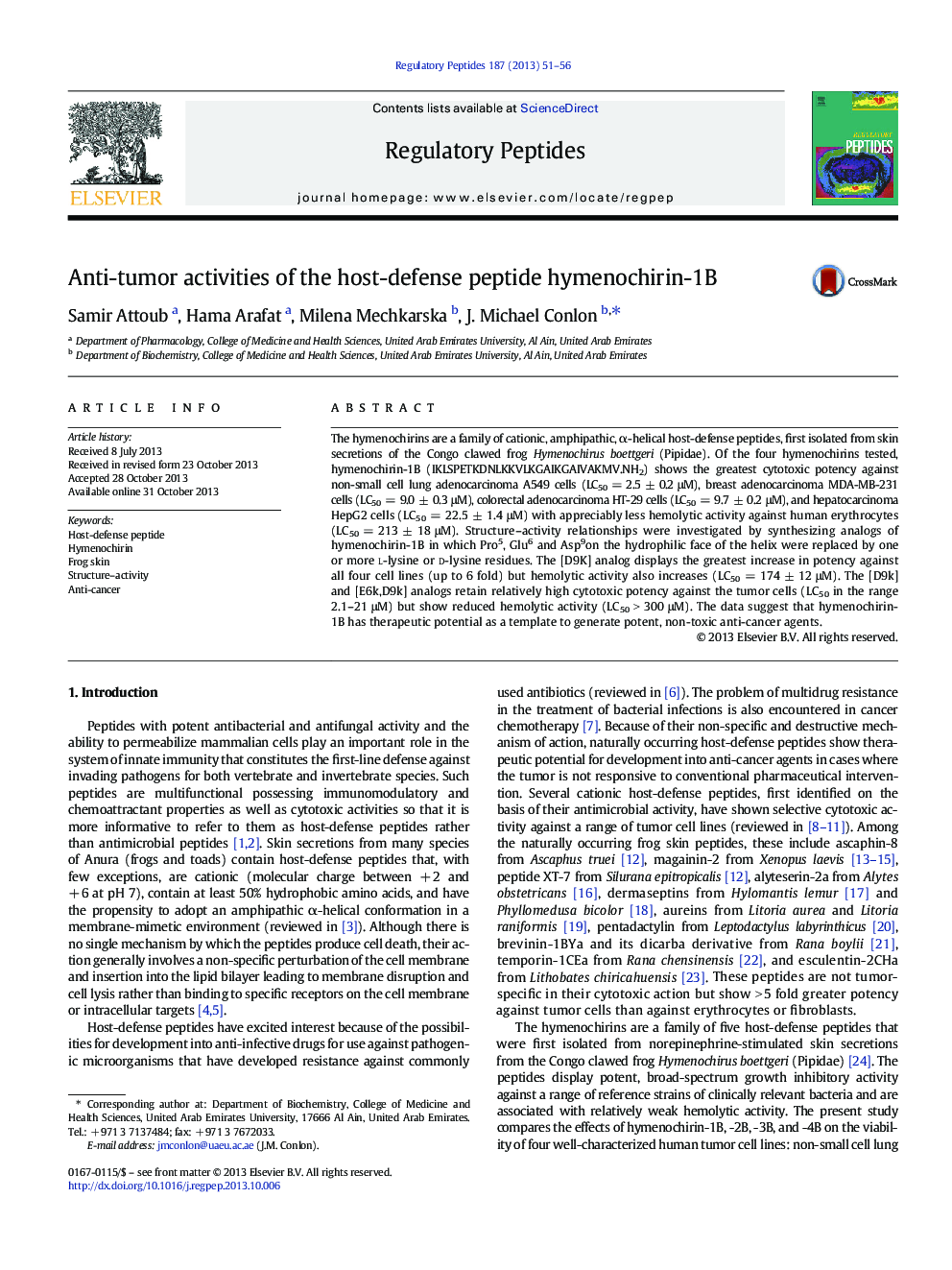 Anti-tumor activities of the host-defense peptide hymenochirin-1B