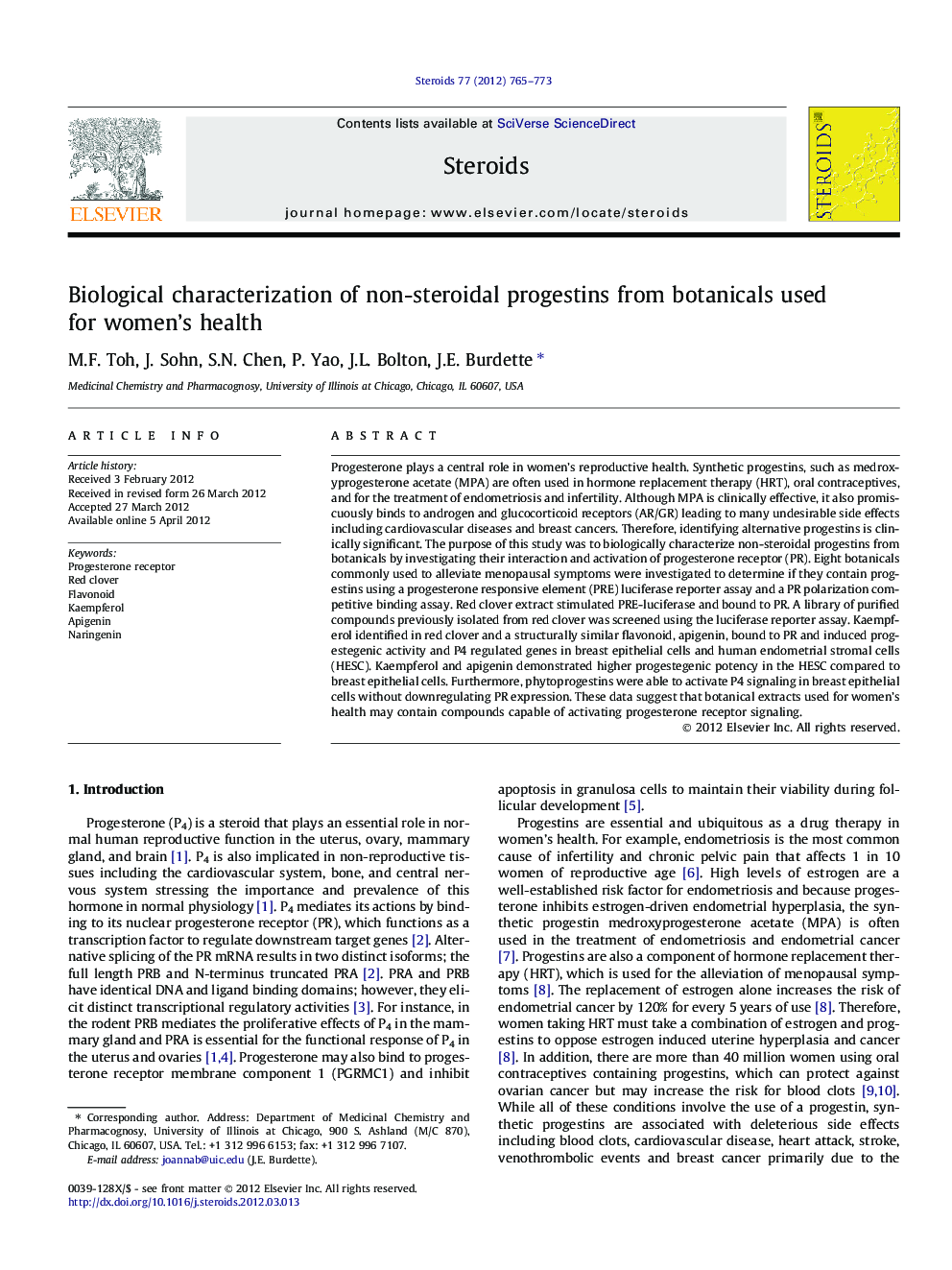 Biological characterization of non-steroidal progestins from botanicals used for women’s health