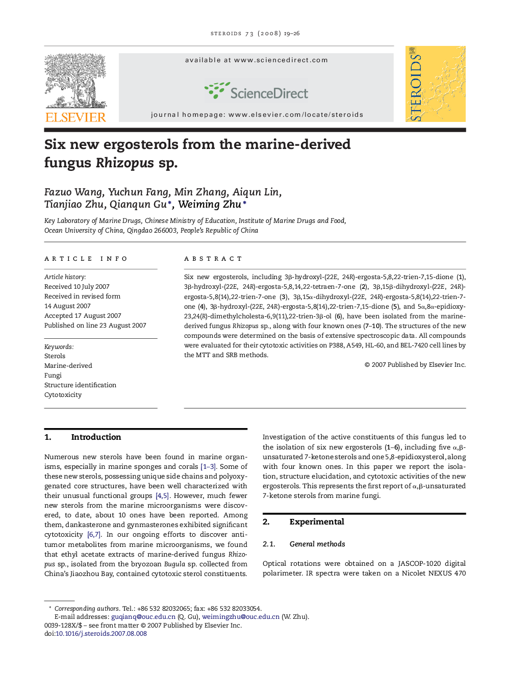 Six new ergosterols from the marine-derived fungus Rhizopus sp.