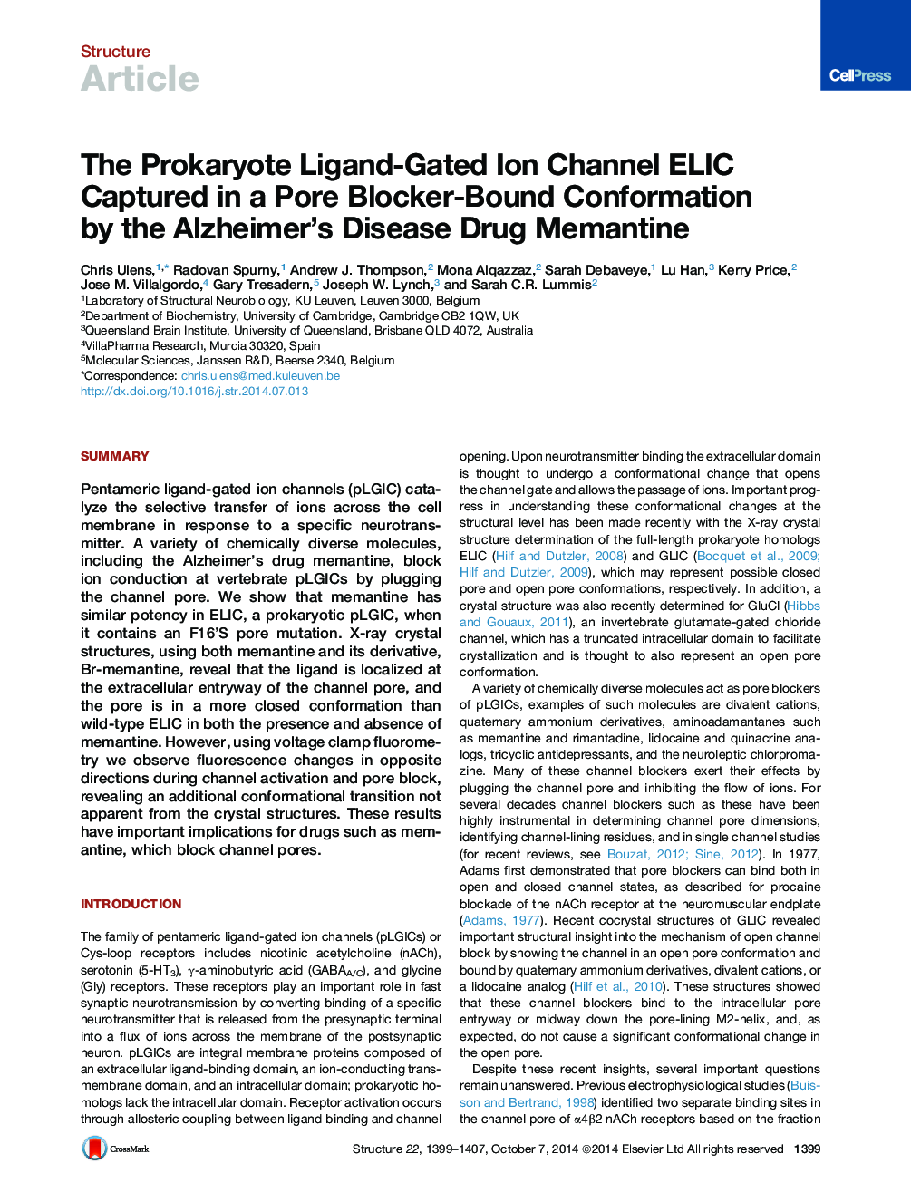 The Prokaryote Ligand-Gated Ion Channel ELIC Captured in a Pore Blocker-Bound Conformation by the Alzheimer’s Disease Drug Memantine