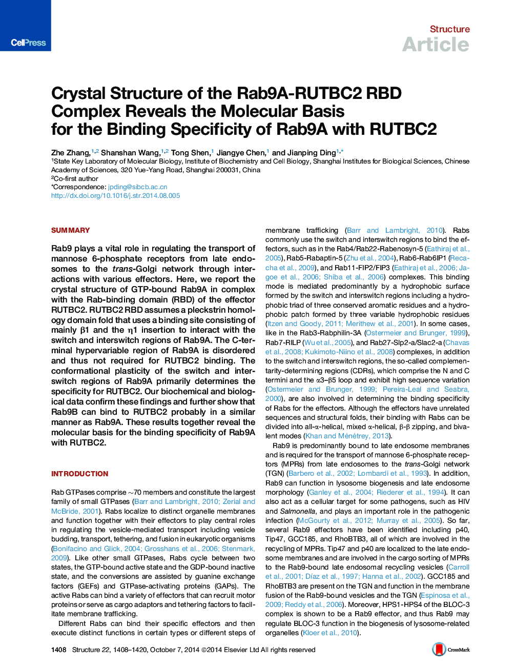 Crystal Structure of the Rab9A-RUTBC2 RBD Complex Reveals the Molecular Basis for the Binding Specificity of Rab9A with RUTBC2
