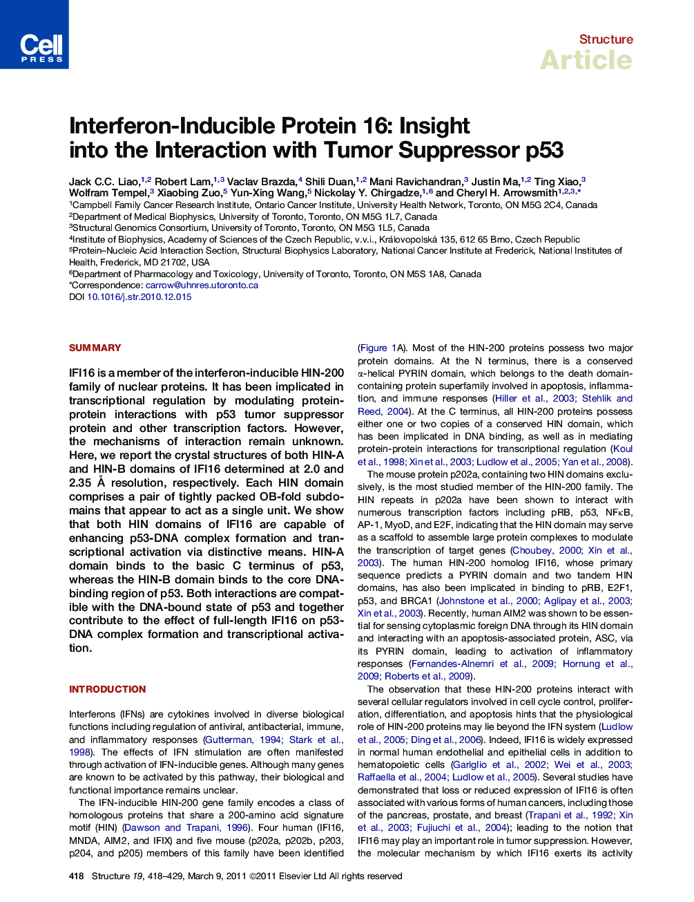 Interferon-Inducible Protein 16: Insight into the Interaction with Tumor Suppressor p53