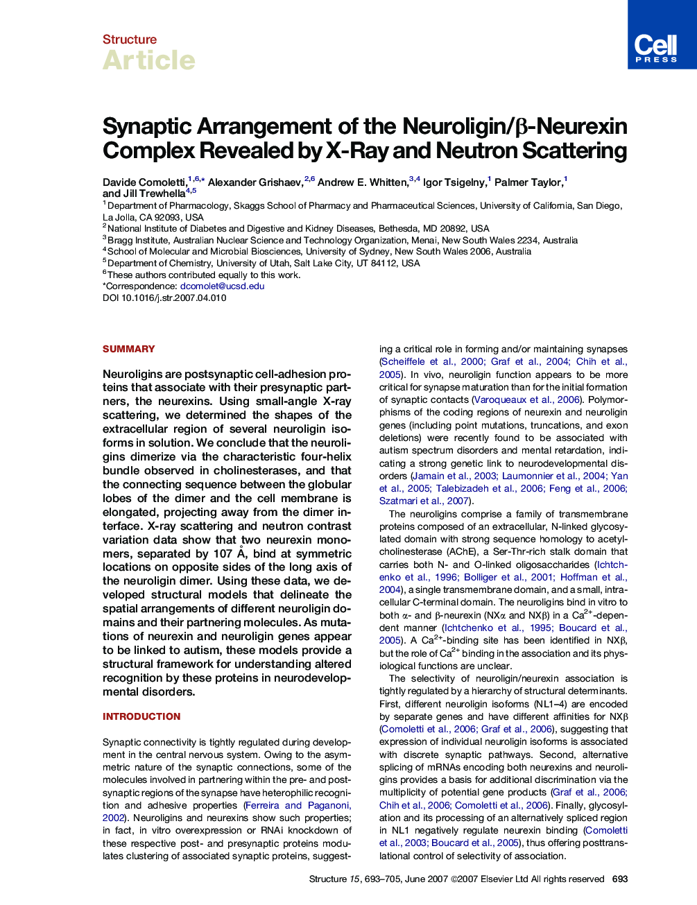 Synaptic Arrangement of the Neuroligin/β-Neurexin Complex Revealed by X-Ray and Neutron Scattering