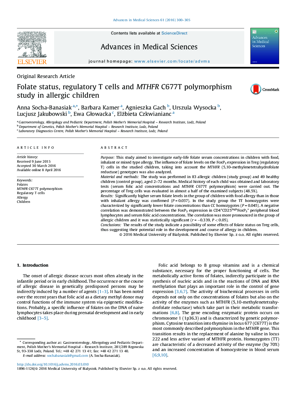 وضعيت فولات، سلولهای تنظيمی T و مطالعه پلی مورفیسم MPHFR C677T در کودکان آلرژیک