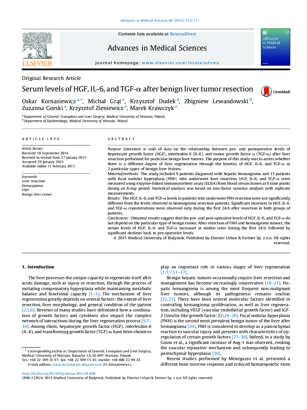 Serum levels of HGF, IL-6, and TGF-α after benign liver tumor resection