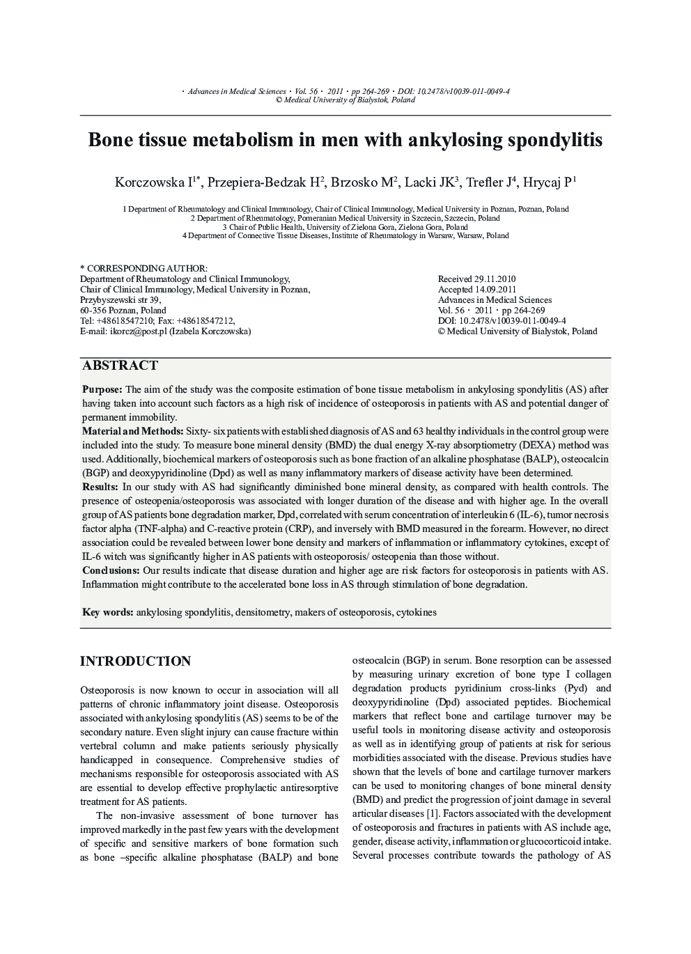 Bone tissue metabolism in men with ankylosing spondylitis