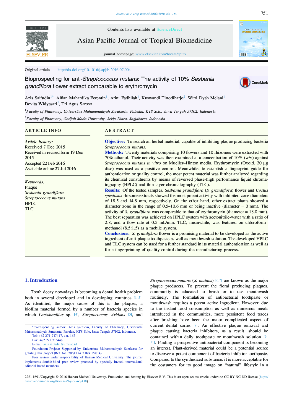Bioprospecting برای ضد Streptococcus mutans: فعالیت عصاره گل 10٪ Sesbania grandiflora با اریترومایسین